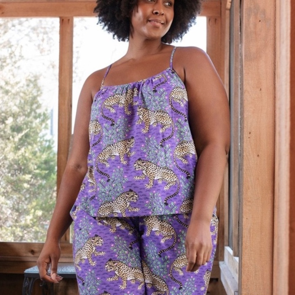 Anthropologie Printfresh Cami Tank Top Bagheera Tiger Print Violet Purple Pajama